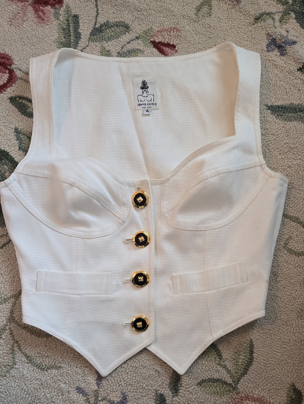 GEMMA KAHNG White Bustier Corset Top with Gold Buttons  SIZE 4